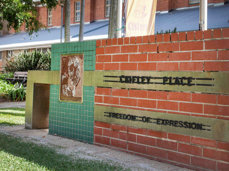 The town hall green featuring a plinth honouring wartime Prime Minister Ben Chifley.