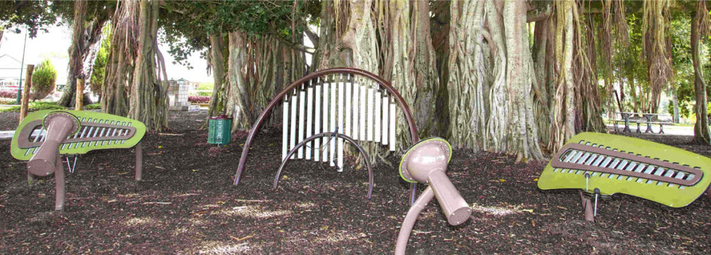 Interactive musical play space nestled under the banyan tree in Queen’s Park