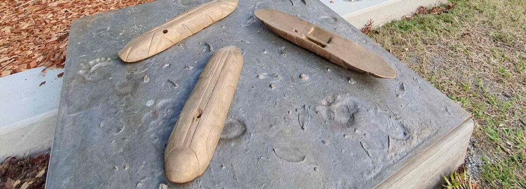 Three carved Butchulla shields lie in quiet tribute to the first warriors who defended Country.