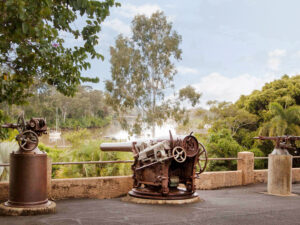 A unique display of three historic guns standing sentinel together